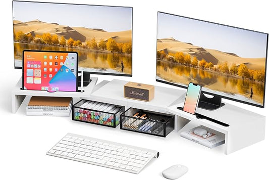 ZIFTY Dual Monitor Stand Riser for 3 Monitors, Desk Organizer with 2 Drawer and Smartphone Holder, Adjustable Length & Angle Workspace Organizers for Monitors Laptop Printer Computer, White