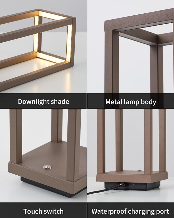 PUSU Cordless Waterproof Table Lamps Set of 2, Brown Outdoor Rechargeable 4000mAh Battery Operated Desk Lamp 2700K 3-Level Dimmable, Portable LED Lighting for Patio, Camping, Bedroom, Night Light