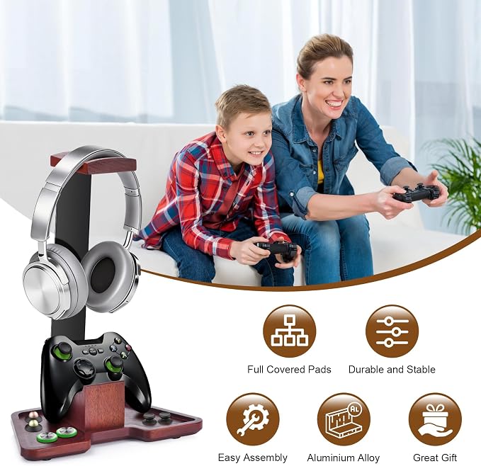 Headset Stand with Gaming Controller Holder, Walnut Wood Headphone Stand with Storage Base,Gaming Equipment Accessories for Desk, Boyfriends, Brothers, Xbox, PS4, PS5, PC