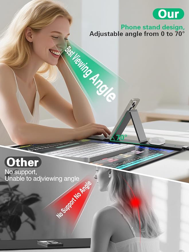 Mouse Pad with Foldable Phone Holder, Wireless Charging Desk Mat 31.5x15.75 Mousepad with Superior Micro-Weave Cloth Non-Slip Waterproof Desk Pad (Office Shortcut)