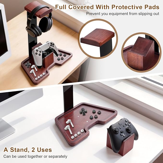 Headset Stand with Gaming Controller Holder, Walnut Wood Headphone Stand with Storage Base,Gaming Equipment Accessories for Desk, Boyfriends, Brothers, Xbox, PS4, PS5, PC