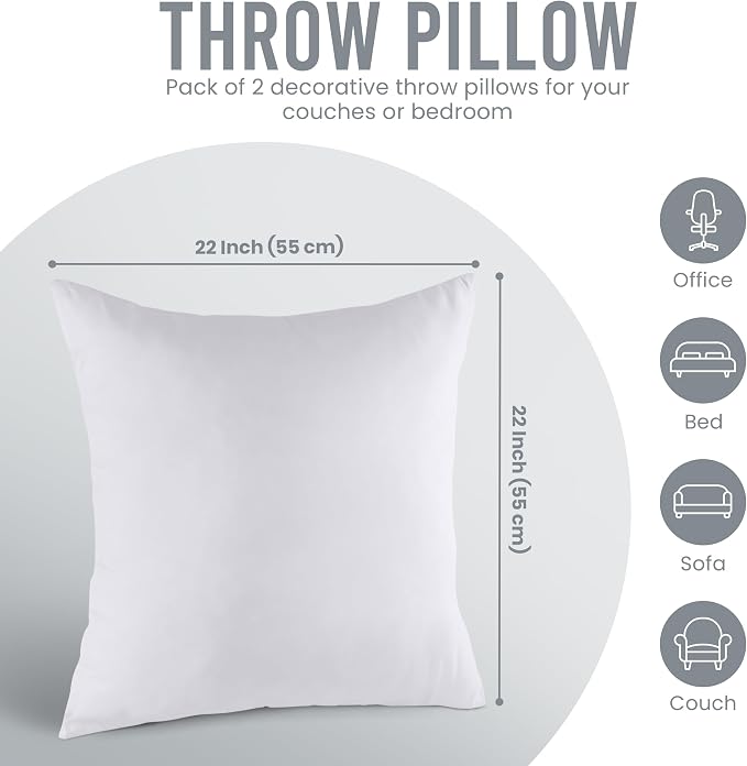 Utopia Bedding 22x22 Pillow Inserts, Set of 2, White – Indoor Decorative Throw Pillows for Bed, Sofa & Couch – Soft, Supportive & Fluffy Cushion Inserts