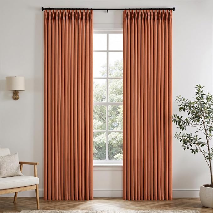 Memory Trained Pinch Pleated Curtains 108 Inches Long, Viral Linen Pinch Pleat Sheer Curtains with Ring Hooks&Clips for Track System Living Room,Terracotta Light Filtering Privacy Curtain 2 Panel Set