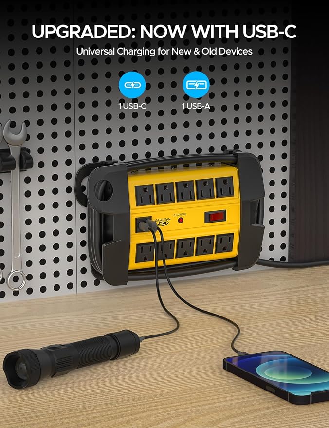 CRST Heavy Duty Power Strip with USB-C,10-Outlet Metal Surge Protector Power Strip with 6FT Cord(2800J),15A Circuit Breaker, Wall Mount, Cord Management, ETL Listed (6FT 2USB 2800J)