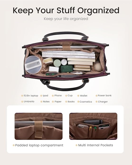 LOVEVOOK Laptop Bag for Women, 2-in-1 Tote Purse with Clutch & Cup Holder, Waterproof Briefcase for Work Travel