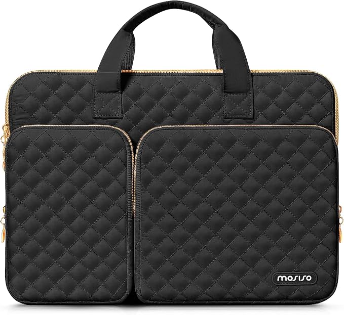 MOSISO 360 Protective Laptop Case 13.3 inch, 13-13.3 inch Laptop Sleeve Compatible with MacBook Air/Pro 13/Pro 14,HP Dell ASUS Lenovo, Square Quilted Bag Cover with 2 Pockets&Handle&Belt, Black