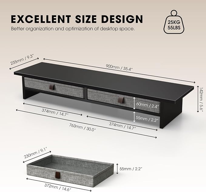 Fenge Monitor Stand with Drawer, 2 Tiers Dual Monitor Riser for Desk, 35 Inch Computer Stand for 2 Monitors, Desk Shelf for Home, Office, Laptop, PC, TV, Printer