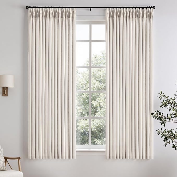 Memory Trained Pinch Pleated Curtains 63 Inches Long, Viral Linen Pinch Pleat Sheer Curtains with Ring Hooks&Clips for Track System Living Room, Natural Light Filtering Privacy Curtain 2 Panel Set