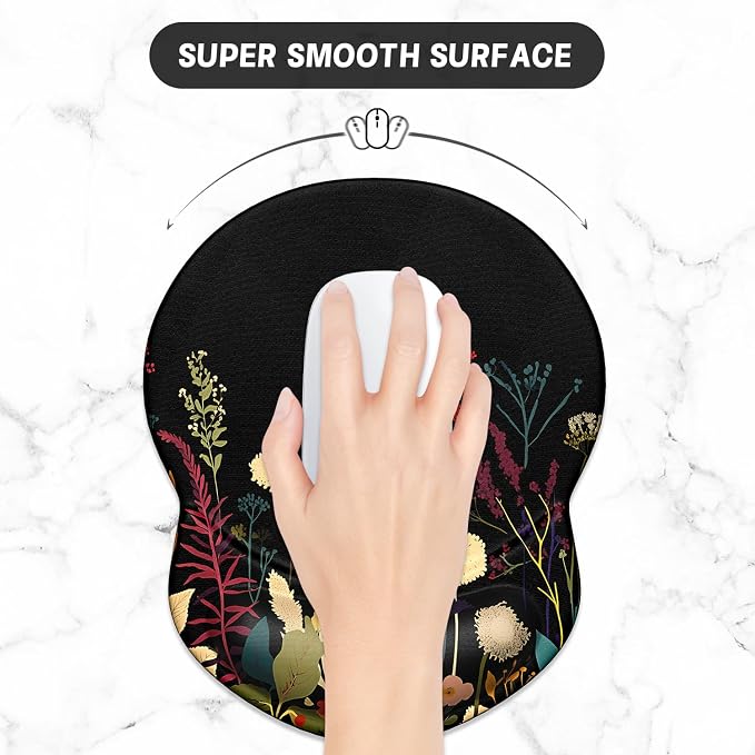 ITNRSIIET Ergonomic Mouse Pad with Gel Wrist Support Small Wrist Rest Smooth Surface Non-Slip PU Base Comfortable Office Supplies Pain Relief, 8.7 x 7.2 inches, Pretty Flowers Plants