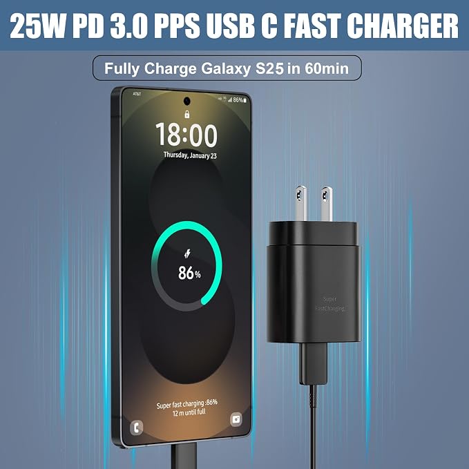 Super Fast Charger Type C,25W USB C Fast Wall Charger Block &8FT Super Long Fast Charging Cable Cord for Samsung Galaxy S26/S25/S25 Ultra/S25+/S24/S24 Ultra/S23/S22/S22 Ultra/S22+/S21/Plus/S20/Note 20