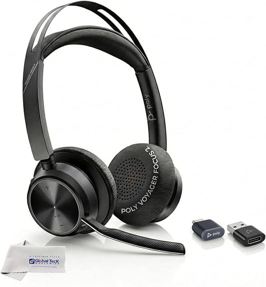Poly Voyager Focus 2 Bluetooth Headset with Noise Blocking Mic - USB-C/A Dongle Adapters for PC using MS Teams, Zoom - Pairs to Both Cellphone and Laptop - Charging cable, and GTW Microfiber Cloth