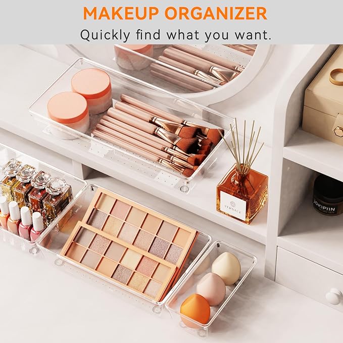 Criusia 16 Pack Large Clear Plastic Drawer Organizer Bins - 5 Size Acrylic Bathroom and Vanity Organizers and Storage Trays for Makeup Office Home, Kitchen Drawer Organizer for Utensils, Gadgets