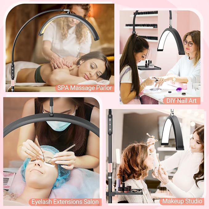 LIONVISON Half Moon Lash Light: 6500K LED Lamp Ring Light with Tray - 360° Flexible Gooseneck Durable Metal Stand - Salon Use for Lash Artists Eyelash Extensions (23In Black)