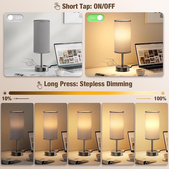Touch Bedside Table Lamp with Memory - Stepless Dimmable Lamp for Bedroom, Small Nightstand Lamp with Dual USB Charging Ports and AC Outlet, Wood Night Light, Deak Lamp for Nursery (Grey & Grey)