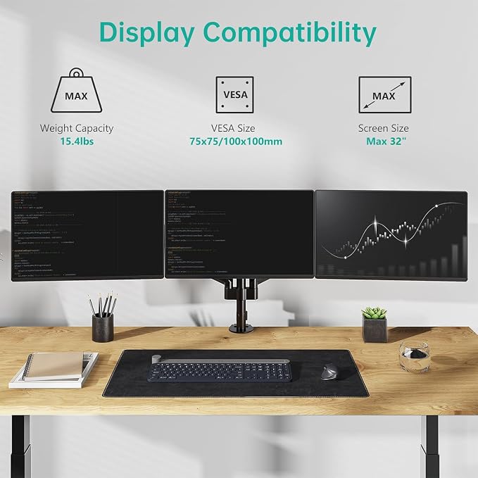 WALI Triple Monitor Mount for 13-32 inch Screens, Adjustable 3 Monitors Desk Mount with Swivel, Tilt, Clamp & Grommet Kit, Triple Monitor Stand for Desk, VESA 75x75/100x100mm (GSDM003), Black
