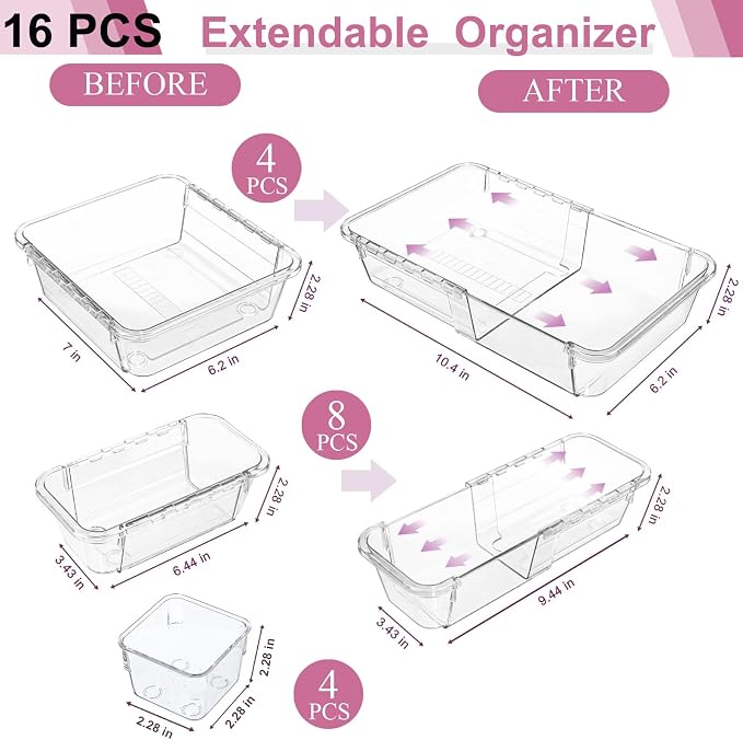 16 Pcs Upgraded Extendable Clear Drawer Organizer, Adjustable Vanity Storage Box, 3-Size Desk Drawer Organizer, Durable Storage Bins for Makeup, Cosmetic, Bedroom Dressers Tool Organizer for Gadgets