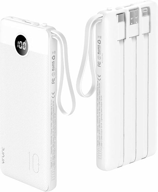 VRURC Power Bank for iPhone, 22.5W Fast Charging Phone Charge with Built-in Cables,10000mAh USB C in & Out Cord Portable Charger,Slim Lightweight Charging Bank Travel Essentail-White(1 Pack)
