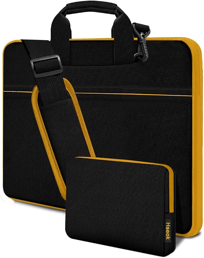 Hseok Laptop Shoulder Bag 15.6-16 inch Case,Water-Resistant Shockproof Computer Handbag with Small Case Compatible with MacBook Pro/Neo 16",Mac Air 15 M5, XPS 15/16 and most 15.6-16 PC,Black-yellow