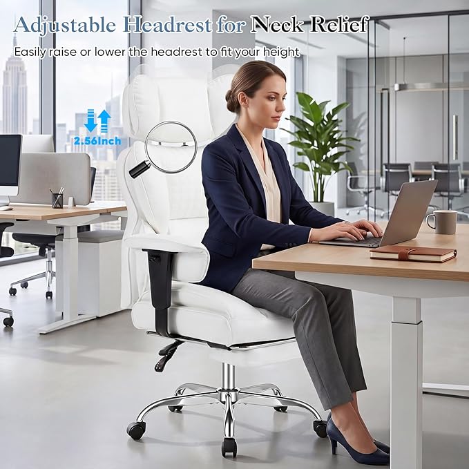 DUMOS Big and Tall Home Office Desk Chair, Gaming Computer Chair, Executive Ergonomic Chair with Footrest, High Back Reclining, Adjustable Armrests and Comfy Lumbar Support, PU Leather, White