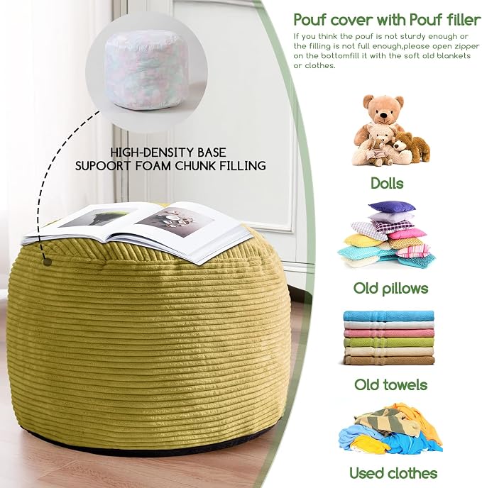 HIGOGOGO Round Stuffed Pouf Ottoman, Corduroy Poufs with Foam Chunk Filling, Furry and Fluffy Pouf Foot Stool Storage Ottoman, 26 X 18 Floor Poufs Foot Rest for Living Room, Green