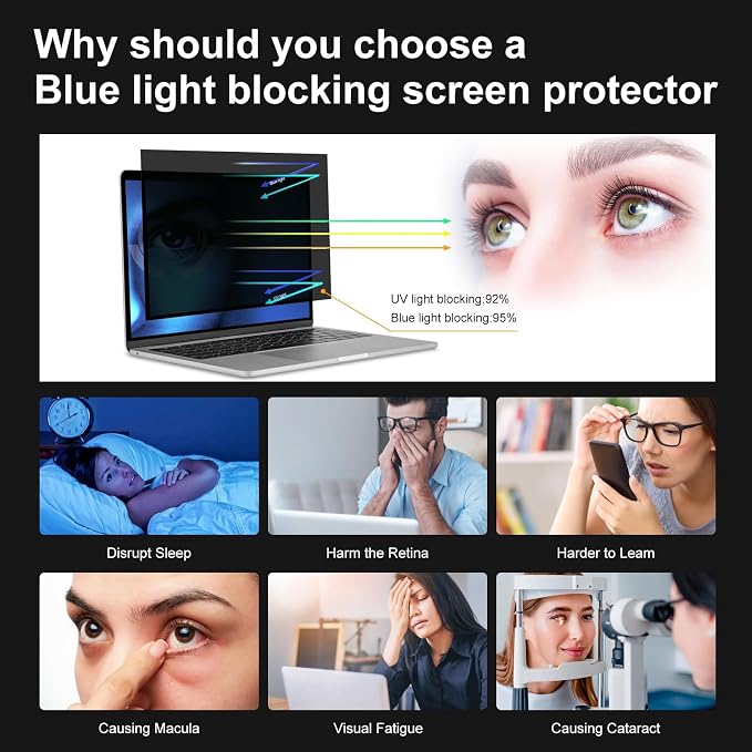 15.6 Inch 16:9 Laptop Privacy Screen Filter, Computer Monitor Privacy Shield, Anti Scratch Anti Spy Anti Glare Blue Light Screen Protector