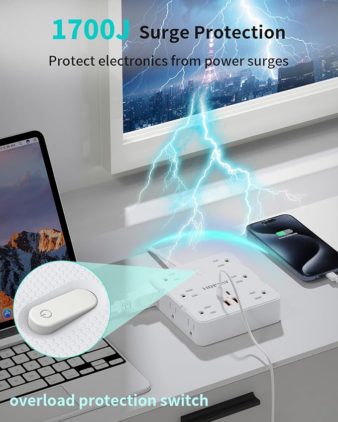 HOPOW 2 Prong Power Strip, 2 Prong to 3 Prong Outlet Adapter with 12 AC & 4 USB(2 USB-C), 1700J Two Prong Surge Protector, 5FT Extension Cord, Wall Mountable, Ideal for Old House Non-Grounded Outlets