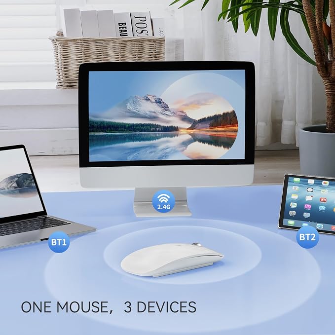 TENMOS M18 Bluetooth Mouse, USB C Rechargeable Wireless Mouse, Triple Mode (Dual Bluetooth+USB) Computer Silent Mice Portable with USB Receiver and Type C Adapter for Laptop/MacBook/iPad/PC - White