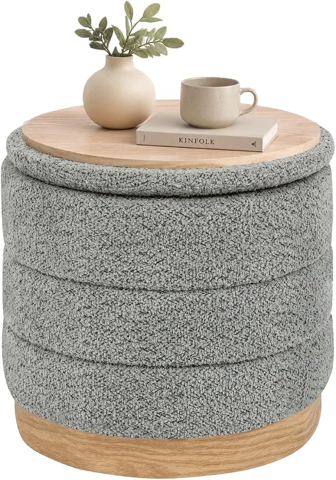 B FSOBEIIALEO Round Storage Ottoman with Tray, Folding Ottoman with Storage Coffee Table Foot Rest for Dorm Room Living Room Chenille Fabric,Grey,15.35"x15.35"x14.57"