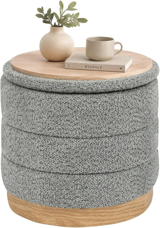 B FSOBEIIALEO Round Storage Ottoman with Tray, Folding Ottoman with Storage Coffee Table Foot Rest for Dorm Room Living Room Chenille Fabric,Grey,15.35"x15.35"x14.57"