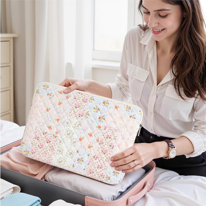 13-14 inch Cotton Quilted Laptop Sleeve for Women, Aesthetic Puffy Laptop Case Carrying Bag Compatible with MacBook Air/Pro 13/Pro 14, Soft Computer Liner Bag (Coloful Pin, 13.3 inch)