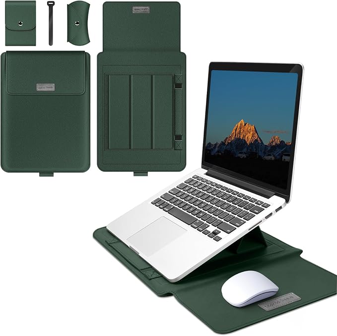 15-15.6 inch Laptop Sleeve Protective Case for MacBook Air/Pro 15" (M5/M4/M3/M2), [3 in 1] PU Leather Laptop Waterproof Slim Cover with Stand and Mouse for MacBook Pro (15") - Dark green