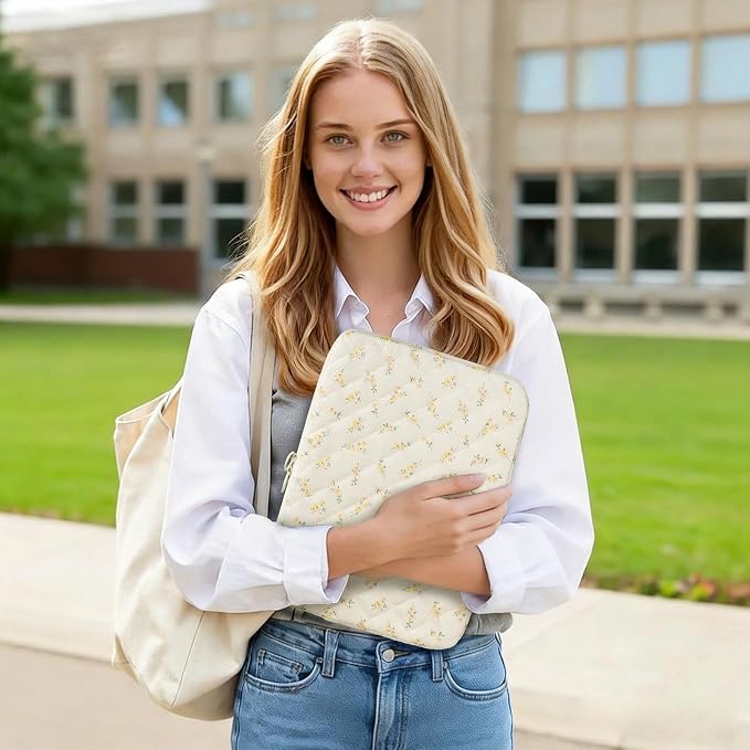 Puffy Laptop Sleeve 13-15.6 Inch Corduroy Quilted Laptop Protective Case Cute Floral Computer Sleeve Protective for MacBook (B-Yellow, 15-16 Inch)