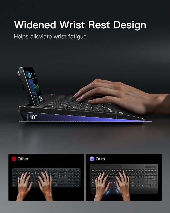 Inateck Wireless Keyboard Mouse Set, QWERTZ Wireless Keyboard in Full Size, 3 Bluetooth, with Wrist Rest, AI Function, Silent Keyboard for Mac, Windows, Laptop, PC, Smart TV, KB06006