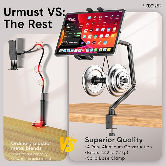 Urmust Portable Monitor Stand 15.6", iPad Stand for Desk, Portable Monitor Holder up to 18.5" Holds, Adjustable Desktop Tablet Arm Mount, Apple iPad Holder for Desk, for 4.9"-12.9" i Pad Pro/Air/Mini
