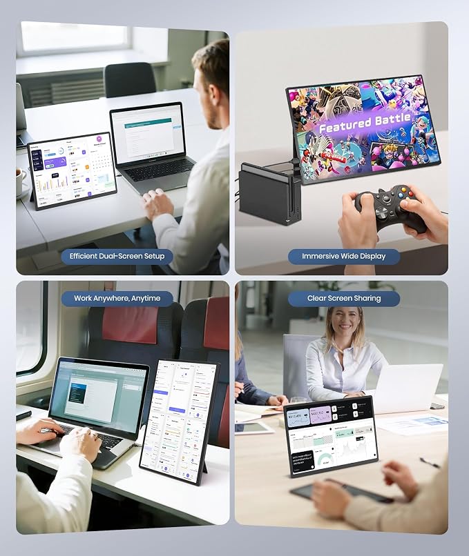Synnov Portable Monitor, 16" 1200P FHD Laptop Screen Extender, 360° Rotating Detachable Stand, Plug&Play Travel Monitor for Laptop, Ultra-Slim & Zero-Frame Dual Screen for Win/Mac/Android