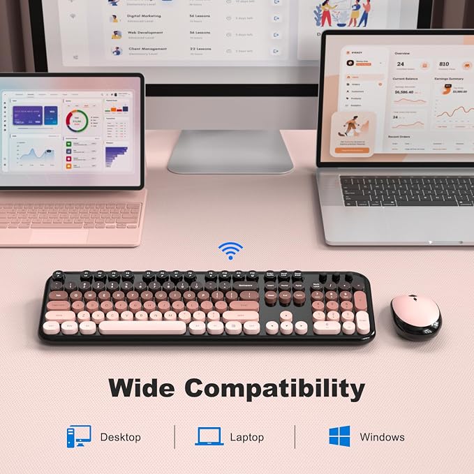 MOFII Wireless Keyboard and Mouse Combo, 2.4GHz Retro Typewriter Keyboard Full Size, Quiet Click Mouse, USB Receiver Plug and Play, for PC, Laptop, Desktop, Windows (BlackBerry Gradient)