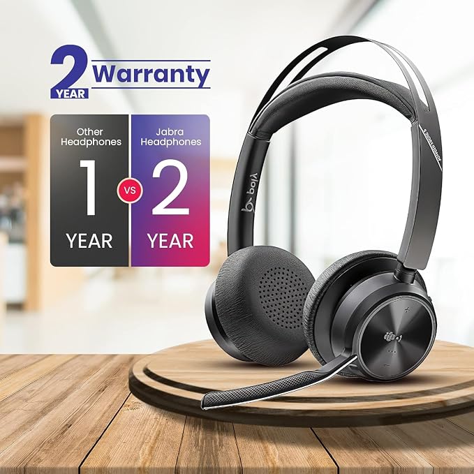 Plantronics Poly Voyager Focus 2 MS Wireless Headphones with Headset Stand, Compatible for Teams, Phones Calls, Zoom, Noise Cancelling Wireless Headset with Mic for Work, Over The Ear, GTW Microfiber
