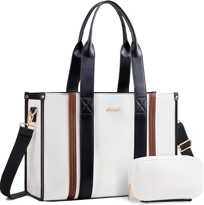LOVEVOOK laptop bag for women 15.6 inch large canvas work tote bags with Clutch Purse water resistant computer bags for laptops for women Business Office Travel college Casual, Black White Brown