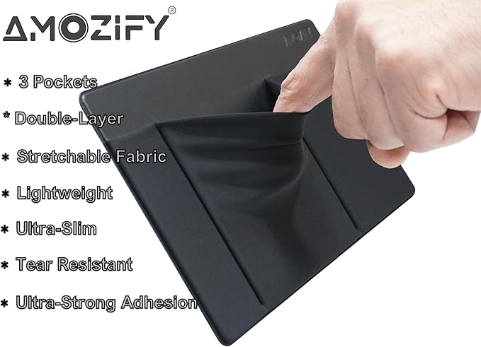 AMOZIFY® 3-Pocket Organizer, Mouse Holder for Laptop Stick On, Adhesive Pouch & External Hard Drive Sleeve, SSD Storage Case for MacBook, Reusable (Black)