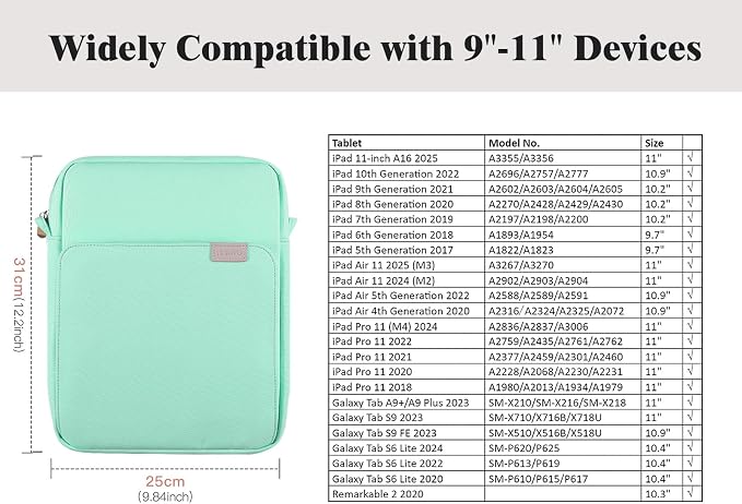 TiMOVO 9-11 Inch Tablet Sleeve Bag with Shoulder Strap for iPad 11-inch A16 2025, iPad 10th Gen. 10.9"/10.2", Galaxy Tab A9+/A11Plus 11", Mint Green