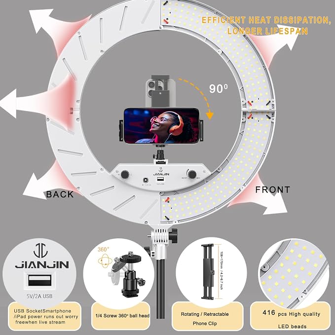 Ring Light Kit:18"/45cm Outer 55W6700k Dimmable LED Light, Tripod Stand, Remote Controller,Box for Camera,Smartphone,YouTube,TikTok,Self-Portrait Shooting,CRI95,White