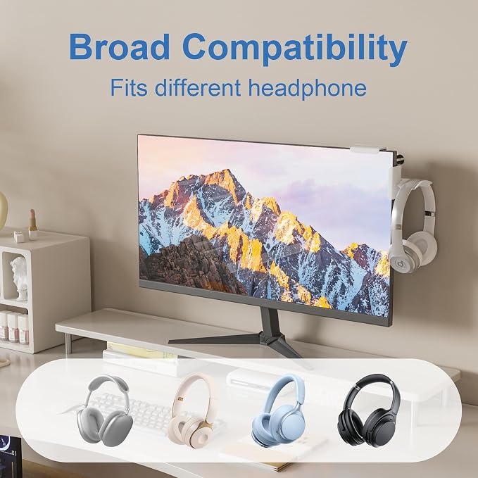 Headphone Holder for Screen, Plastic Headphone Stand, Headset Stand Suitable for AirPods Max, Sony, Bose, Beats and More (White)