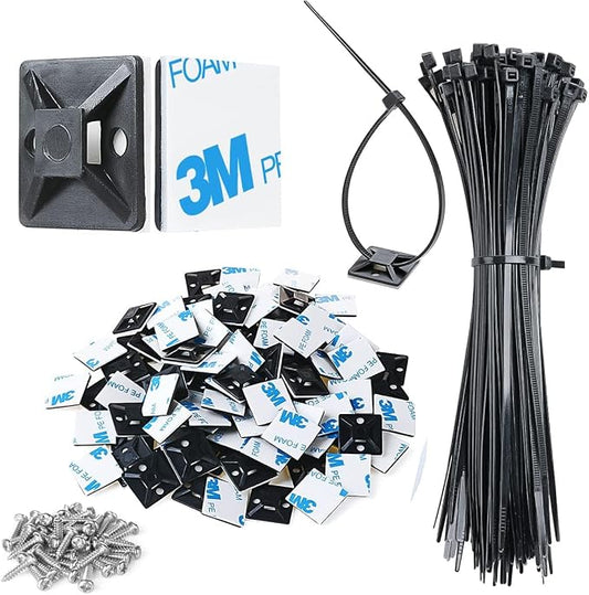 200pcs 3/4" Back-Glue Self Adhesive Black Strong Cable Zip Tie Mounts with 8" Ties, Screws, UV Protection Outdoor Sticky Wire Fasteners Cable Clips Management Anchors Organizer Holders Squares