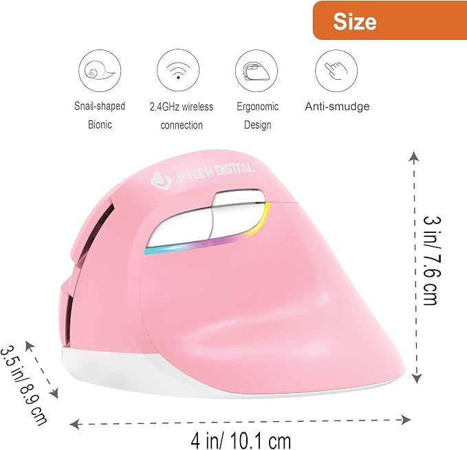 J-Tech Digital Wireless Ergonomic Vertical Mouse for Small Hands with USB Nano Transceiver, AA Battery, 3 DPI, Compatible with Mac and PC, Pink [V628M-2.4GP]