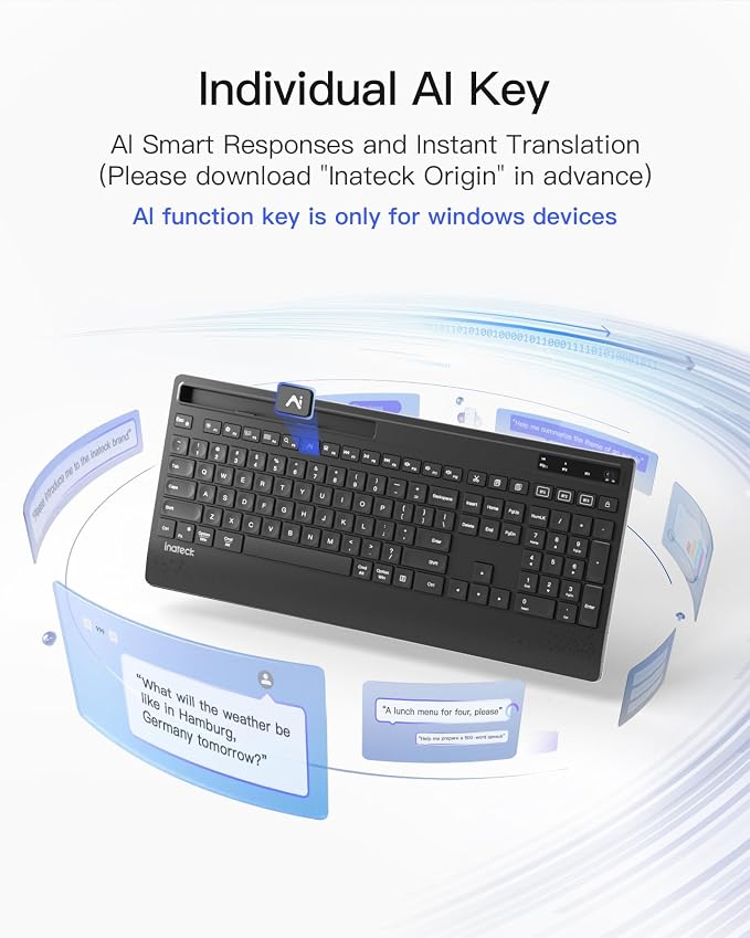 Inateck Wireless Keyboard Mouse Set, QWERTZ Wireless Keyboard in Full Size, 3 Bluetooth, with Wrist Rest, AI Function, Silent Keyboard for Mac, Windows, Laptop, PC, Smart TV, KB06006