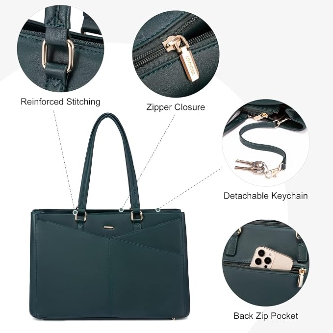 LOVEVOOK Laptop Bag for Women 15.6 Inch Tote Bags Waterproof Leather Briefcase Computer Women Business Office Work Bag,Forest Green