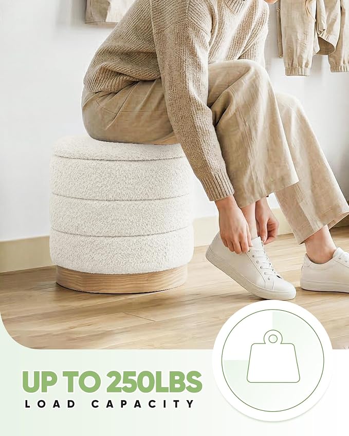 B FSOBEIIALEO Round Storage Ottoman with Tray, Folding Ottoman with Storage Coffee Table Foot Rest for Dorm Room Living Room Chenille Fabric,White,15.35"x15.35"x14.57"