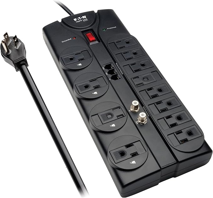 Eaton Tripp Lite TLP1208TELTV Home Theater Surge Protector Power Strip, 12 Outlets, Flat Plug 8ft Extension Cord, 2160 Joules | Coax and RJ11 Ports for Phone Land Line, TV, and WiFi Router Protection