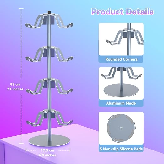 4 Tiers 360 Degree Rotatable Game Controller Stand for PS5 Xbox Nintendo Switch PS4, Aluminum Alloy Headset Controller Holder for Desk, Universal Gaming Headphone Stand Organizer Rack, Grey