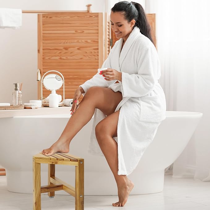 Teak Shower Stool, Teak Shower Bench, 12'' Shower Foot Rest for Shaving Legs, Waterproof Corner Shower Bench, Organizer Stool, Corner Seat for Bathroom Livingroom